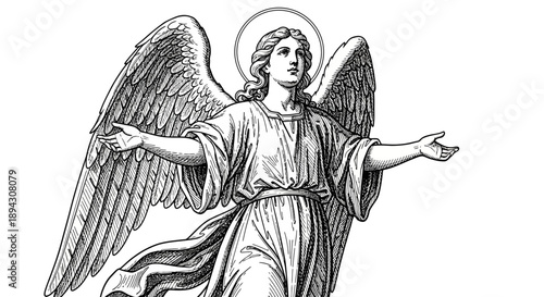 Vintage engraving illustration of a beautiful angel with outstretched arms, majestic wings, and a radiant halo, symbolizing divinity and spirituality.