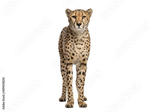 African cheetah standing, front view, isolated on transparent background (PNG)