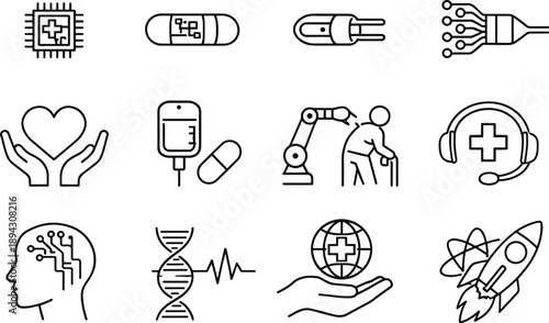 Image Generation. Line style icons of implantable telemedicine tech: nanochip, micro sensor, contact pin, array; long term care,