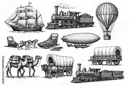 Vintage transportation: ships, trains, balloons, and carriages in classic illustrations