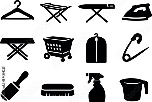 Image Generation. Solid vector icons of laundry accessories: clothes hanger, drying rack, ironing board, iron, folding table,