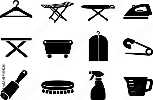 Image Generation. Solid vector icons of laundry accessories: clothes hanger, drying rack, ironing board, iron, folding table,