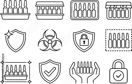 Image Generation. Line style vector icons of sterile ampoule container: clean tray, sealed lid, sterile wrap, tamper seal; hygiene