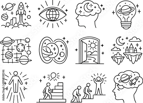 Image Generation. Line style icons of celestial future vision: future, vision, dream, idea; universe, multiverse, dimension, realm