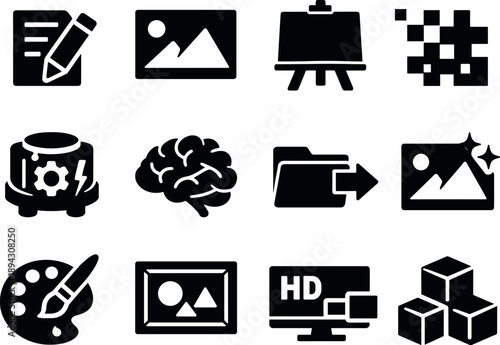 Image Generation. Solid vector icons of text to image: prompt, image, canvas, pixel, generator, model, output, style, composition,