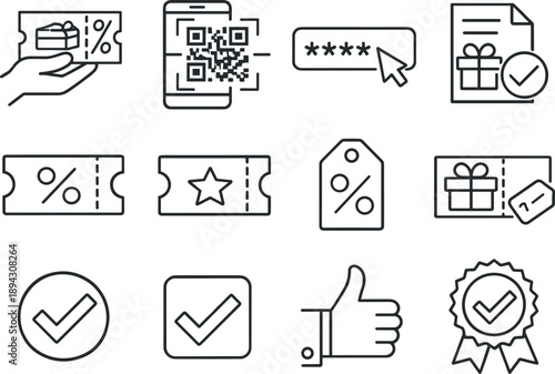 Line Style Coupon Icons. Line style vector icons of coupon redemption: redeem, scan, enter, apply; code, voucher, ticket, tag;