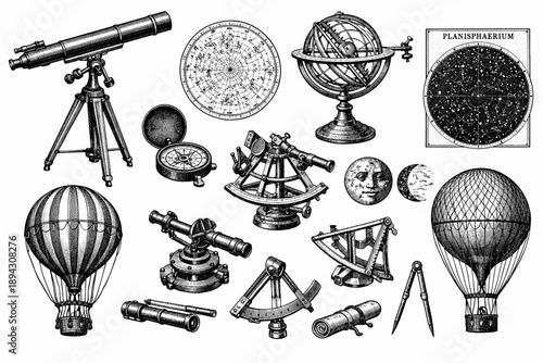 Vintage astronomical instruments and celestial maps collection