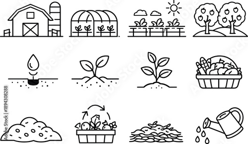 Image Generation. Line style of eco agriculture vector icons: farm, greenhouse, garden, orchard; seed, sprout, plant, harvest;