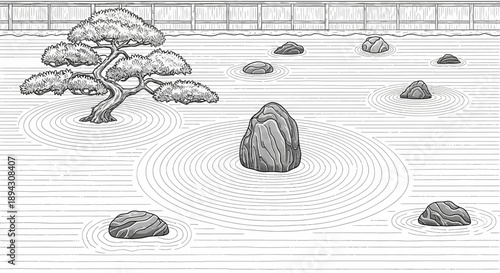 Grayscale illustration of a peaceful Zen rock garden with raked sand patterns, natural stones, and an elegant bonsai tree.