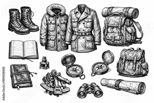 Vintage camping gear collection with compass, backpack, journal, and outerwear