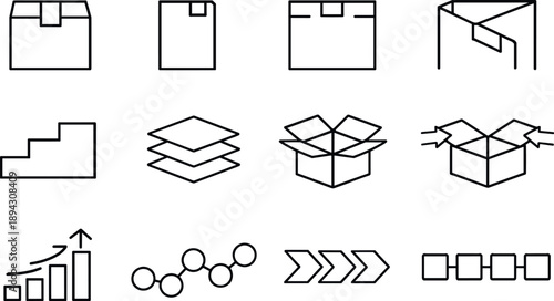 Image Generation. Line style icons of sequential package design: front, side, back, detail; step, layer, fold, unwrap; progression
