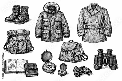 Vintage expedition gear collection featuring outerwear, backpacks, and navigation tools