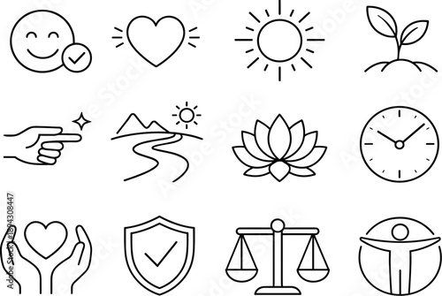 Image Generation. Line style icons of emotional healthcare service: mood check, calm heart, soft light, plant; gentle guidance,