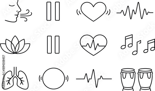 Image Generation. Line style of emotional minimal art vector icons: breath, pause, beat, rhythm; soft, sharp, calm, bold; feel,