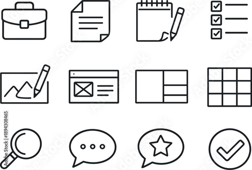 Image Generation. Line style vector icons of Design workflow icons: brief, document, note, task; sketch, wireframe, layout, grid;