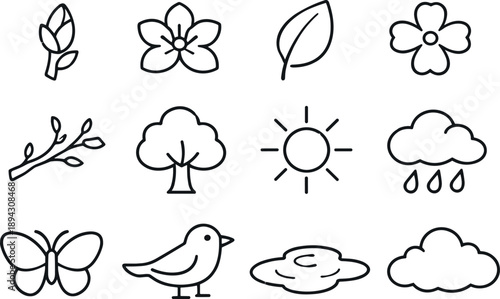 Image Generation. Line style vector icons of early spring life: bud, bloom, leaf, flower; branch, tree, sun, rain; butterfly, bird