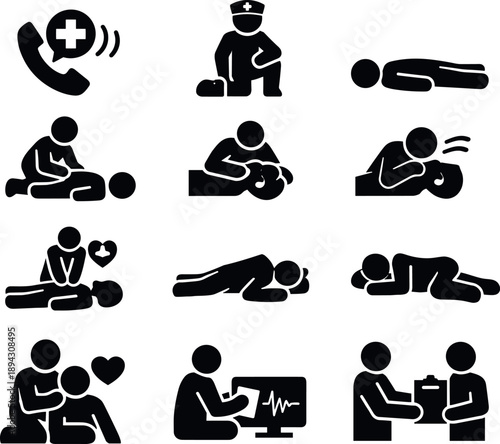 Image Generation. Solid vector icons of emergency first aid response: emergency call, responder, casualty, assessment, airway,