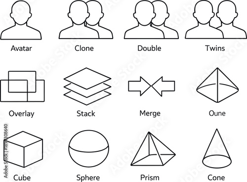 Image Generation. Line style vector icons of simulated reality drift: avatar, clone, double, twin; overlay, layer, stack, merge;