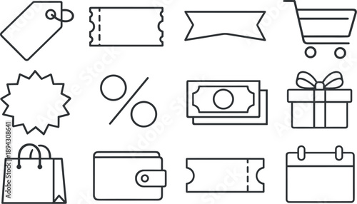 Promotional Icons Grid. Line style of Promotional discount vector icons: Tag, Coupon, Sale banner, Shopping cart; Price sticker,