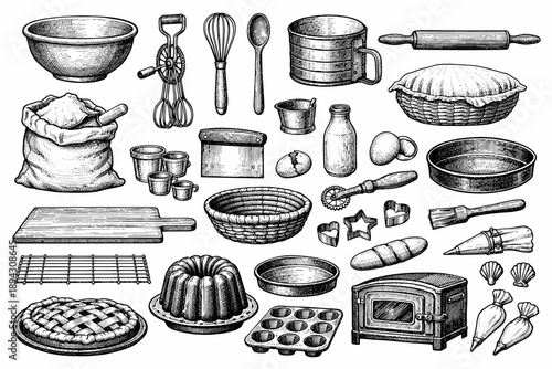 Vintage baking tools collection: whisks, bowls, pans, and utensils in illustrative style