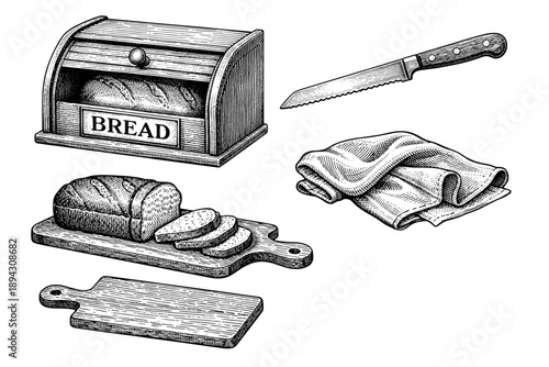 Vintage bread box with loaves, knife, and cutting boards illustration