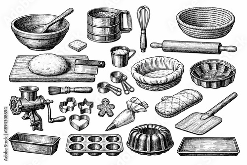 Vintage baking tools collection with mixing bowls and rolling pins