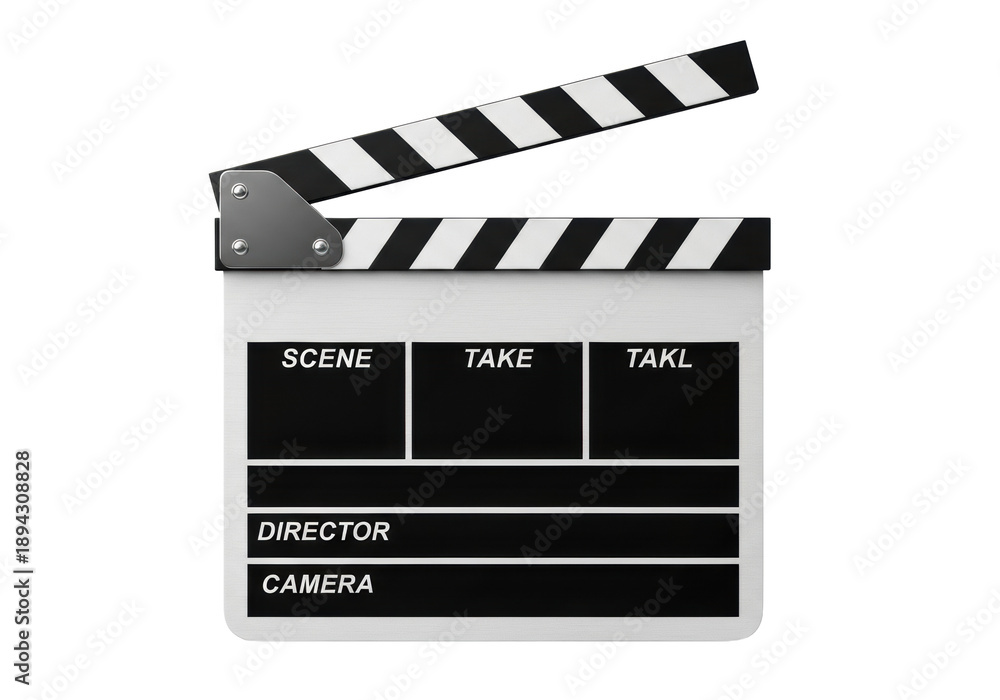 Fototapeta premium A pristine, photorealistic classic white film production clapperboard with iconic black and white striped stick raised, isolated on a high-key transparent background. Concept for cinematic industry
