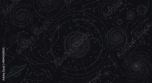 Celestial Dark Background with Astrological Constellations and Cosmic Orbits. Astronomy Star Map Vector Illustration for Mystical Designs.