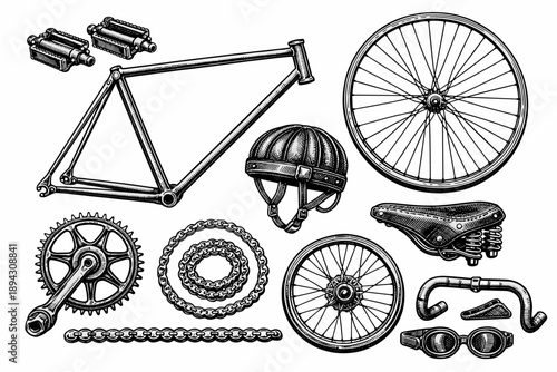 Vintage bicycle components collection with frame, wheels, helmet, and gear system