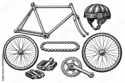 Vintage bicycle parts illustration with frames, wheels, chain, gear, pedals, and helmet