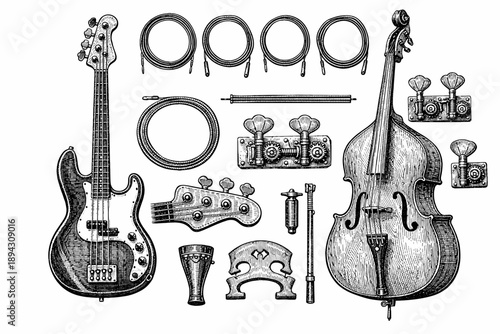 Vintage musical instruments and parts illustration: guitar and cello components