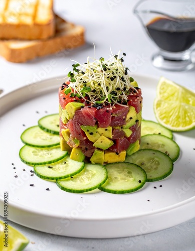 Tuna tartar. Elegant gourmet dish featuring a stacked tower of diced avocado and raw tuna, garnished with sprouts, black sesame seeds cucumber slices.Highlighting freshness, balance, culinary artistry