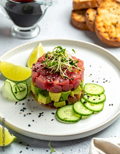Tuna tartar. Elegant gourmet dish featuring a stacked tower of diced avocado and raw tuna, garnished with sprouts, black sesame seeds cucumber slices.Highlighting freshness, balance, culinary artistry