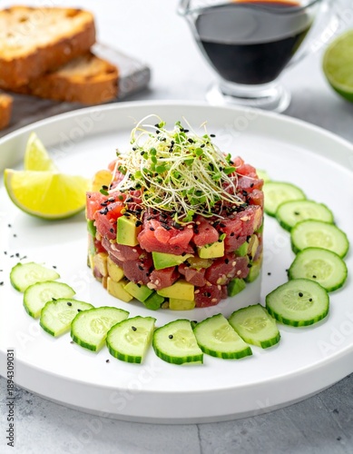 Tuna tartar. Elegant gourmet dish featuring a stacked tower of diced avocado and raw tuna, garnished with sprouts, black sesame seeds cucumber slices.Highlighting freshness, balance, culinary artistry
