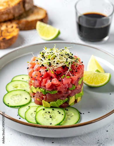 Tuna tartar. Elegant gourmet dish featuring a stacked tower of diced avocado and raw tuna, garnished with sprouts, black sesame seeds cucumber slices.Highlighting freshness, balance, culinary artistry