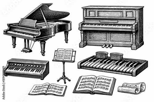 Vintage musical instruments collection: grand piano, upright piano, and sheet music