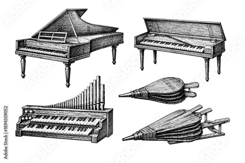 Vintage keyboard instruments and bellows engravings
