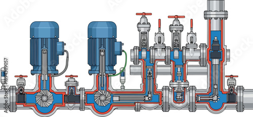 Industrial piping system with valves, pumps, and gauges in a complex configuration for fluid control and management