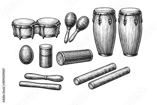 Hand-drawn percussion instruments set: congas, bongos, maracas, claves, egg shaker