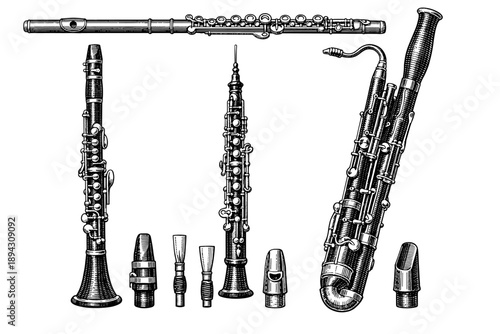 Collection of wind instruments: flute, clarinet, oboe, bass clarinet with mouthpieces