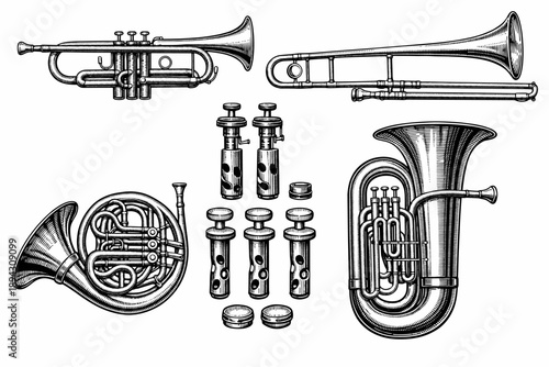 Detailed black and white illustrations of brass instruments: trumpet, trombone, tuba, french horn