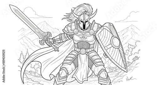 Valiant Fantasy Warrior with Sword and Shield Line Art. Armored Hero in Mythical Landscape, Ready for Epic Battle Scene.