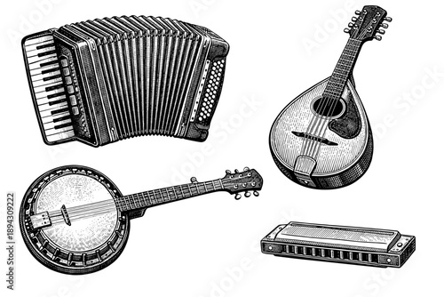 Vintage musical instruments: banjo, accordion, mandolin, harmonica illustration