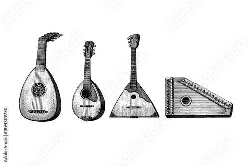 Vintage string instruments: lute, mandolin, balalaika, zither illustration