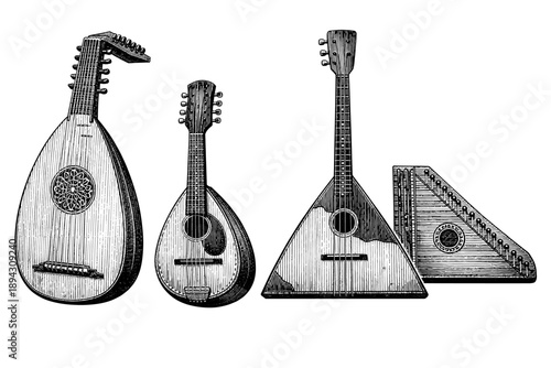 Detailed black and white illustrations of stringed instruments lute mandolin balalaika gusli