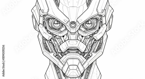 Detailed futuristic robot head line art illustration. Mechanical cyborg face with intricate components, artificial intelligence concept.
