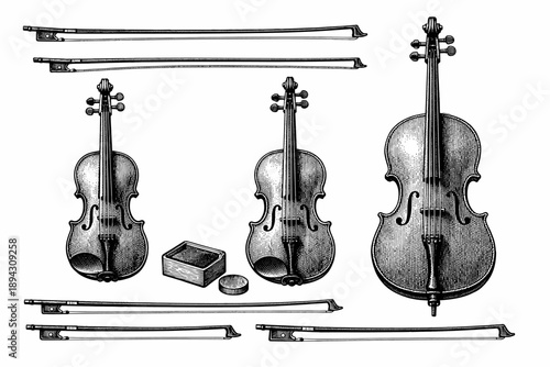 Vintage violin set with bows and rosin in detailed black and white illustration
