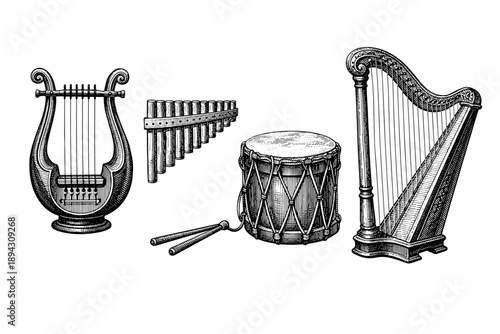 Vintage musical instruments: lyre, pan flute, drum, and harp engraving