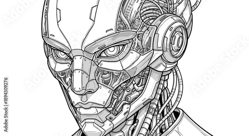 Detailed futuristic cyborg head illustration with exposed mechanical parts, representing advanced AI and cybernetic technology