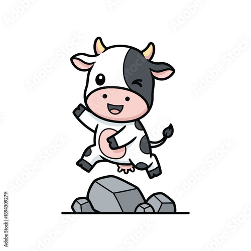 Cute cartoon cow character sitting and smiling on white background, friendly farm animal mascot